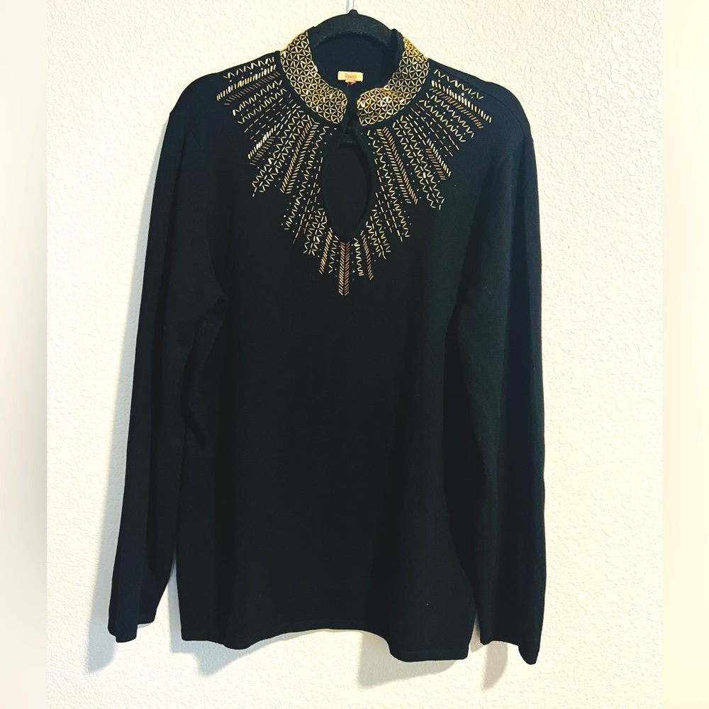 Reba XL Top Tunic Knit Sweater Black Gold Beads